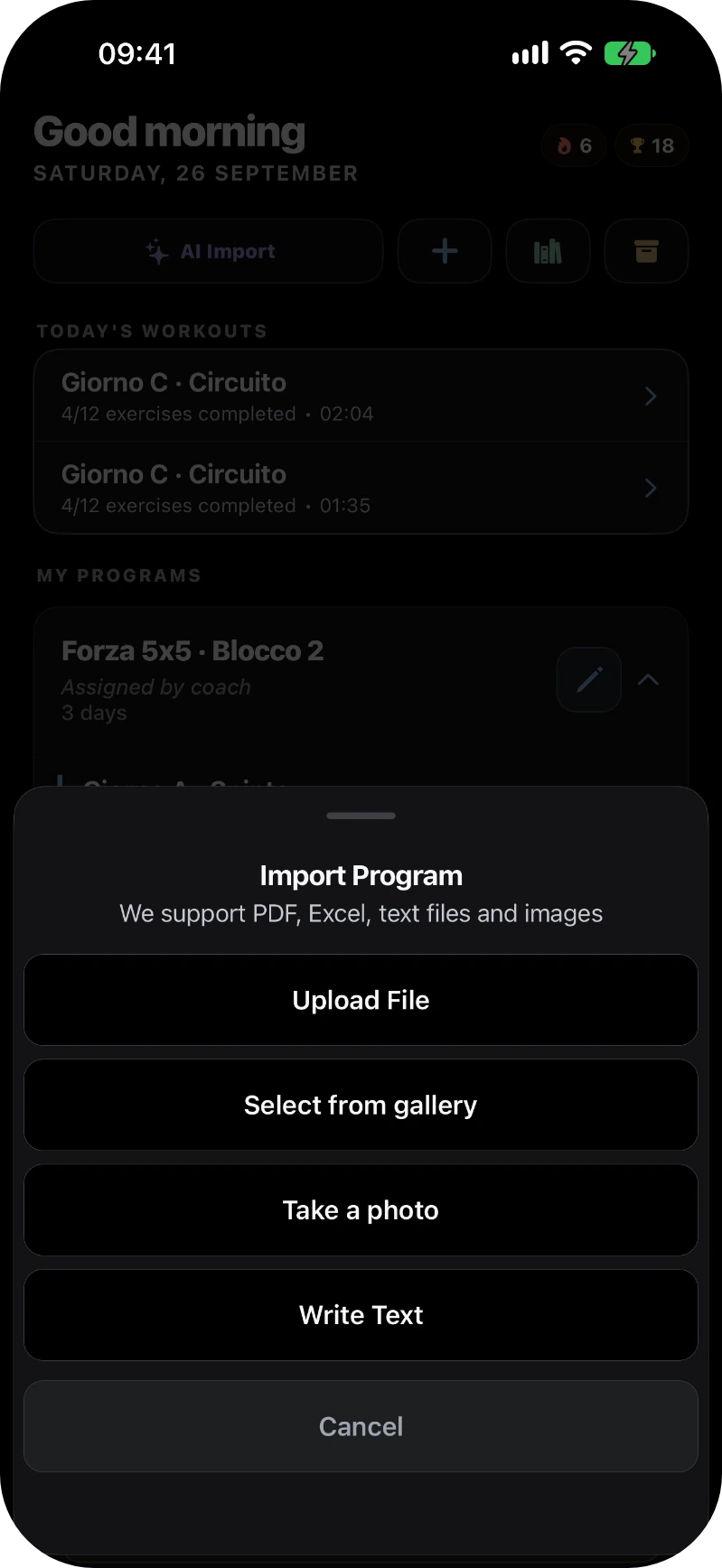 GymTracker: importing a program from a file, the gallery, a photo or text