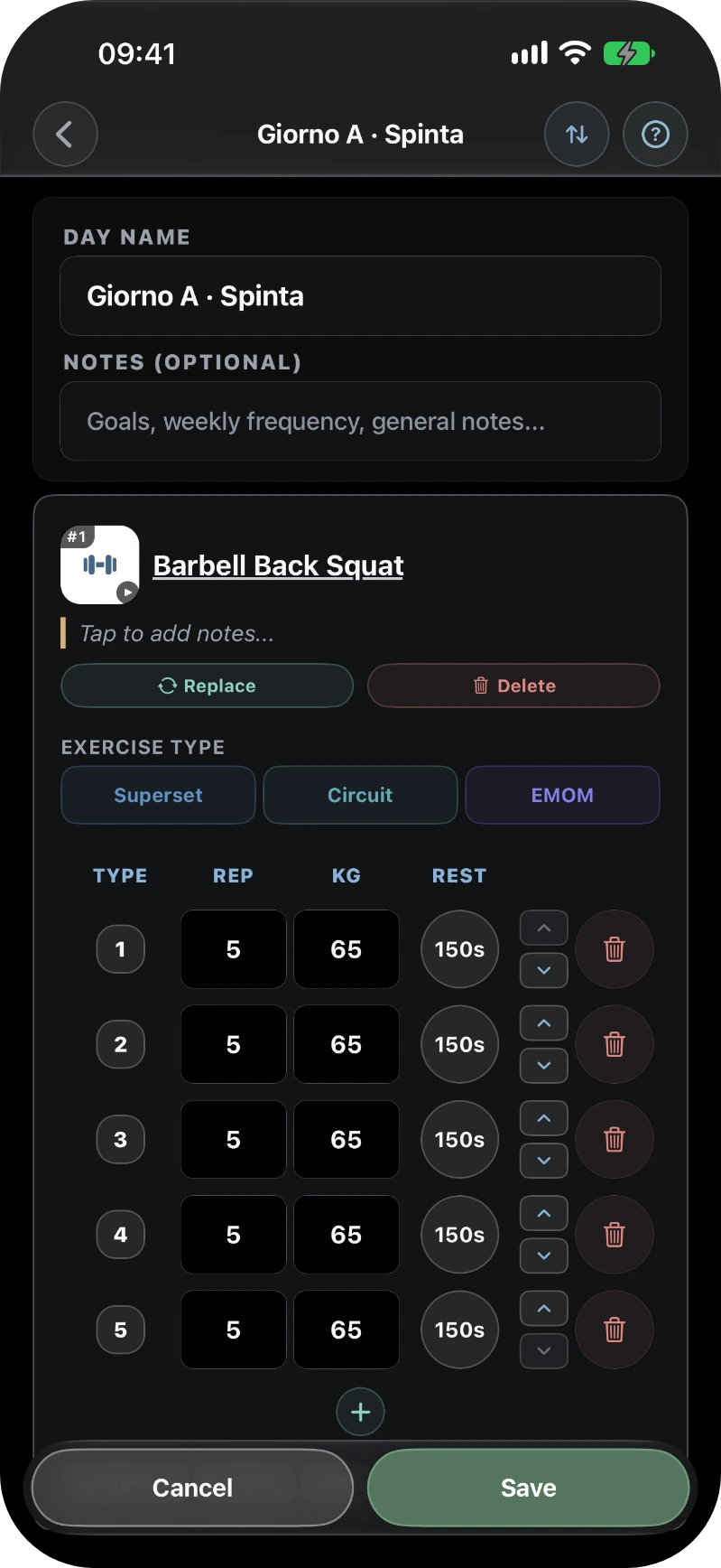 GymTracker: the training day editor with its set table