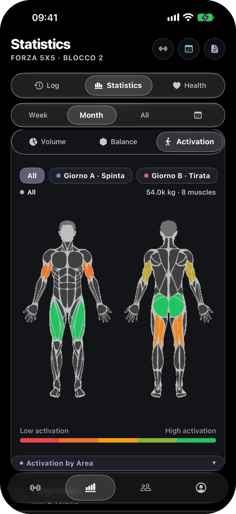 GymTracker: the body map colored by muscle activation