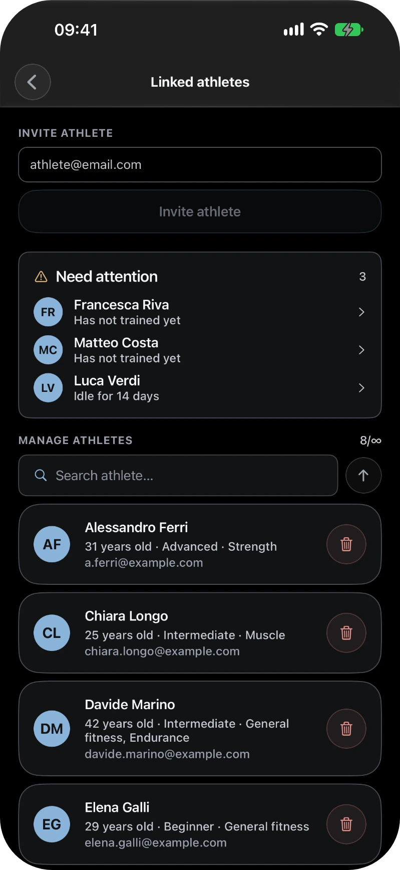 GymTracker: the athletes linked to a coach, with invites and alerts