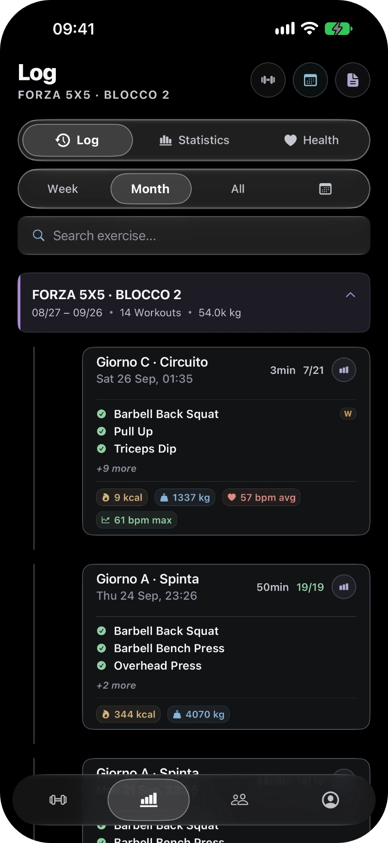 GymTracker: the workout history, by month