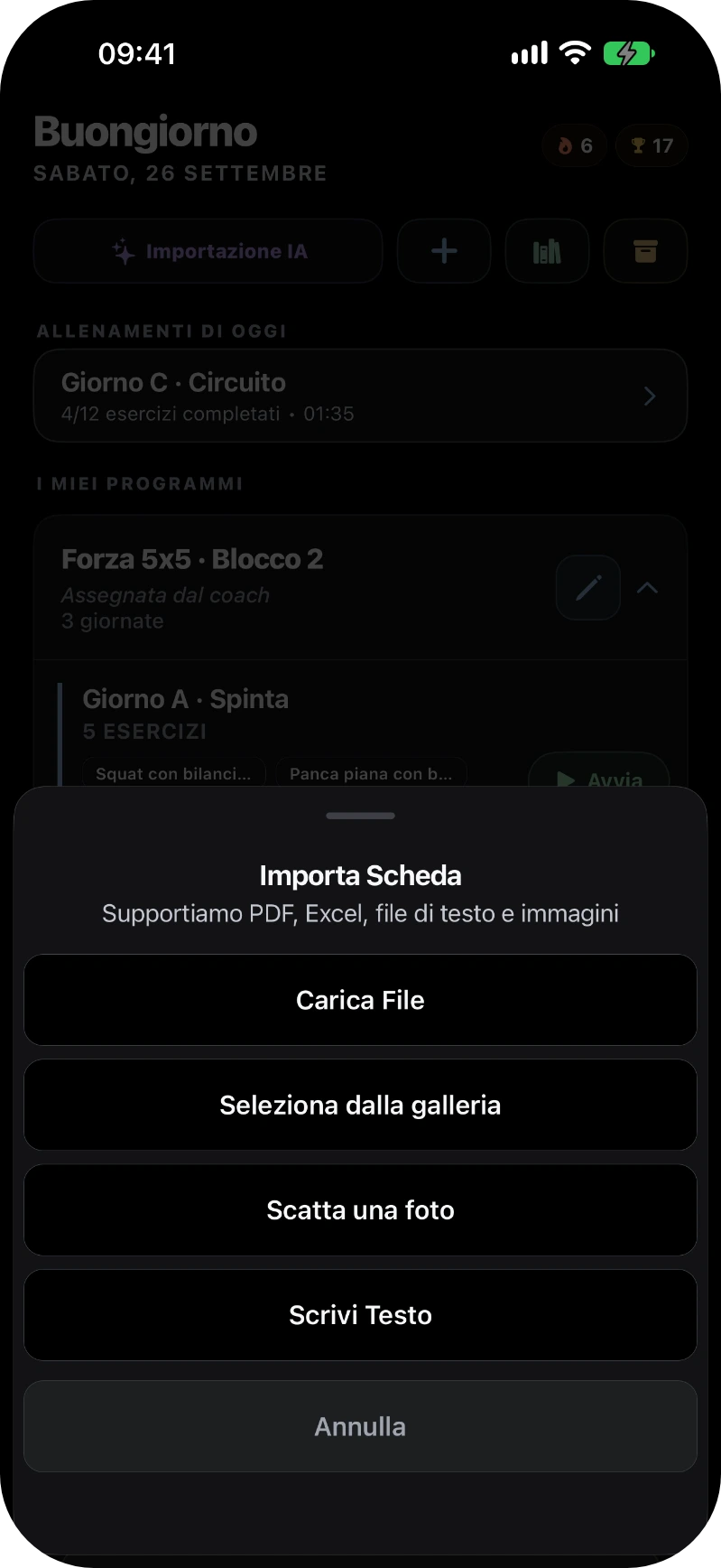 GymTracker: l'importazione di una scheda da file, galleria, foto o testo