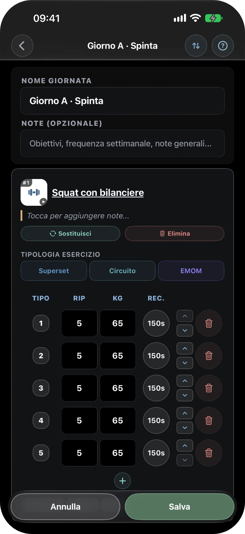 GymTracker: l'editor di una giornata di allenamento con la tabella delle serie