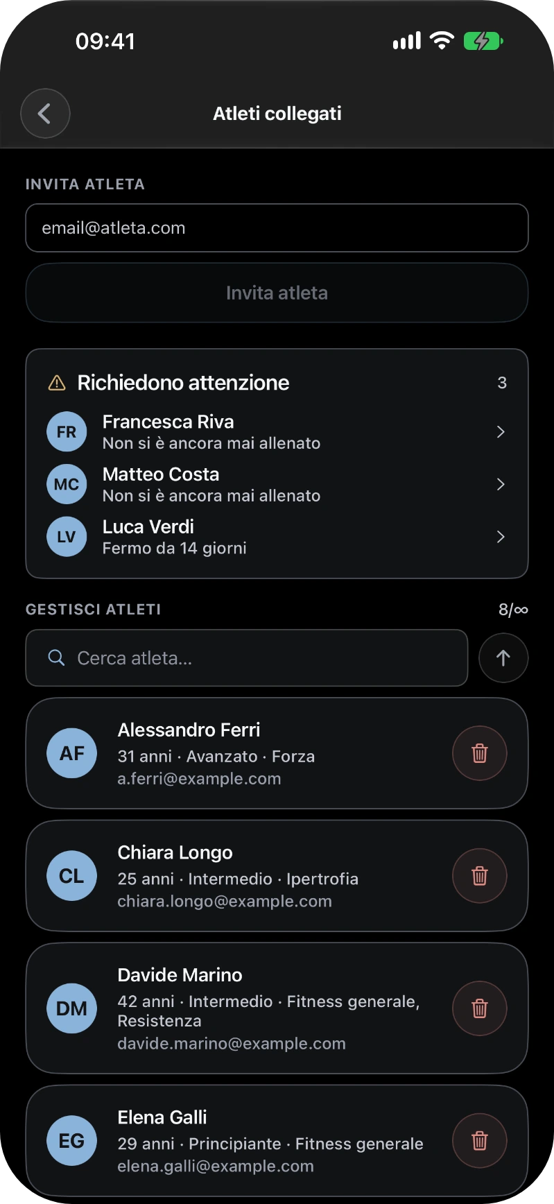 GymTracker: gli atleti collegati a un coach, con inviti e avvisi